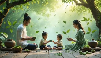 A peaceful family in a natural setting, surrounded by kratom leaves and tea, symbolizing tranquility and balance in parenting.