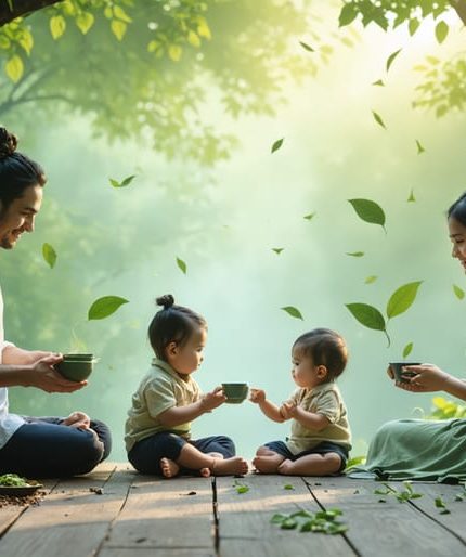 A peaceful family in a natural setting, surrounded by kratom leaves and tea, symbolizing tranquility and balance in parenting.