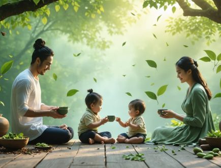 A peaceful family in a natural setting, surrounded by kratom leaves and tea, symbolizing tranquility and balance in parenting.