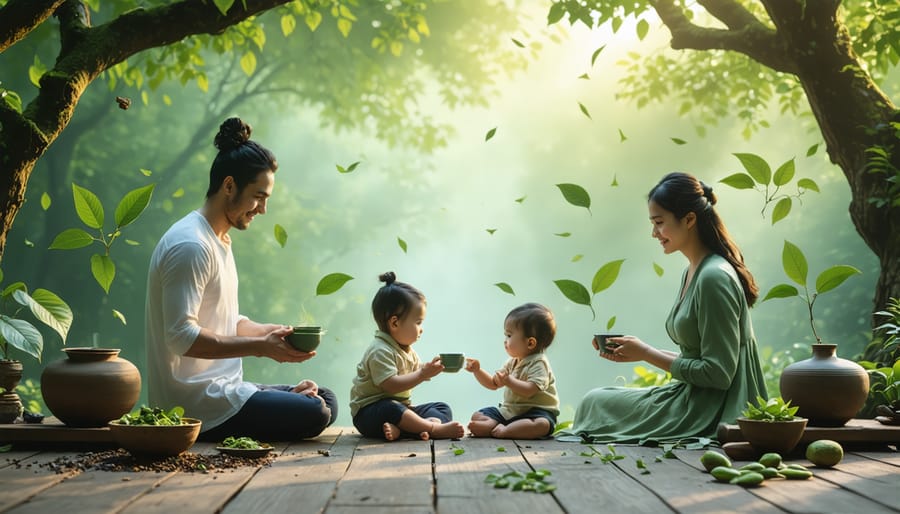 A peaceful family in a natural setting, surrounded by kratom leaves and tea, symbolizing tranquility and balance in parenting.