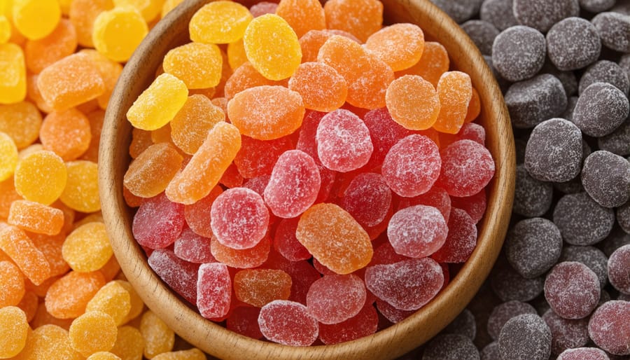 A variety of freeze-dried candies with vibrant colors and diverse shapes in a white bowl