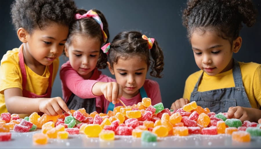 Kids creating art projects with colorful freeze-dried candies spread on a table