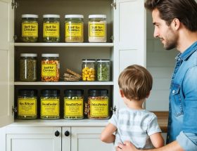 A kitchen setting featuring kratom containers with clear "Not for Children" labels stored in a locked cabinet, as a parent talks to a child about household safety measures.