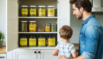 A kitchen setting featuring kratom containers with clear "Not for Children" labels stored in a locked cabinet, as a parent talks to a child about household safety measures.