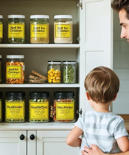 A kitchen setting featuring kratom containers with clear "Not for Children" labels stored in a locked cabinet, as a parent talks to a child about household safety measures.