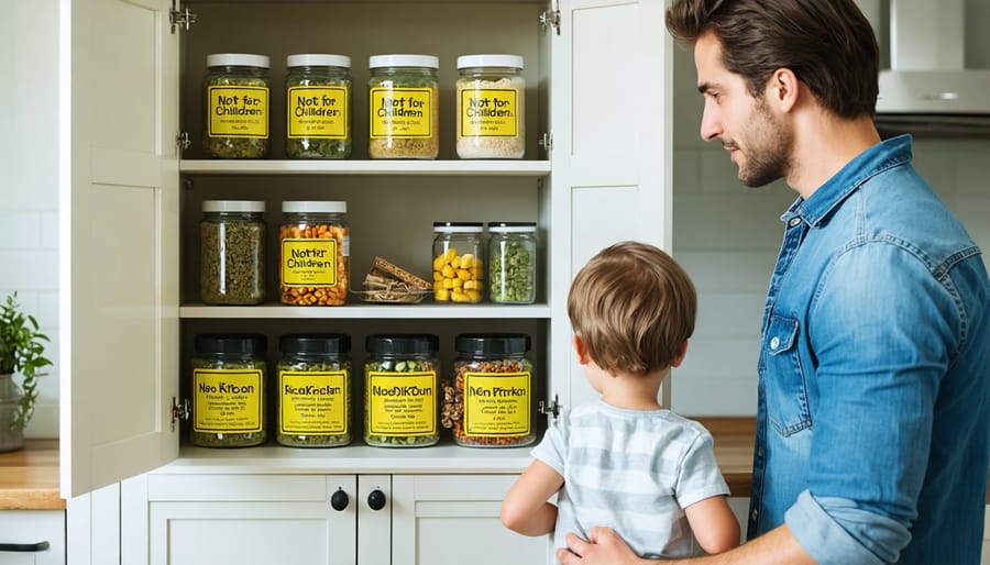 A kitchen setting featuring kratom containers with clear "Not for Children" labels stored in a locked cabinet, as a parent talks to a child about household safety measures.