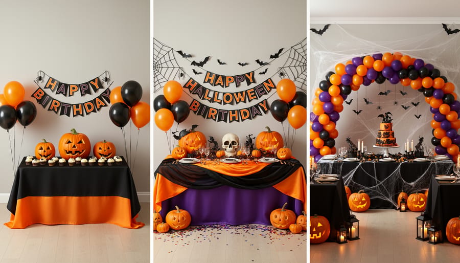 Staged small, medium, and large Halloween birthday decoration setups with balloons, banners, and table centerpieces.