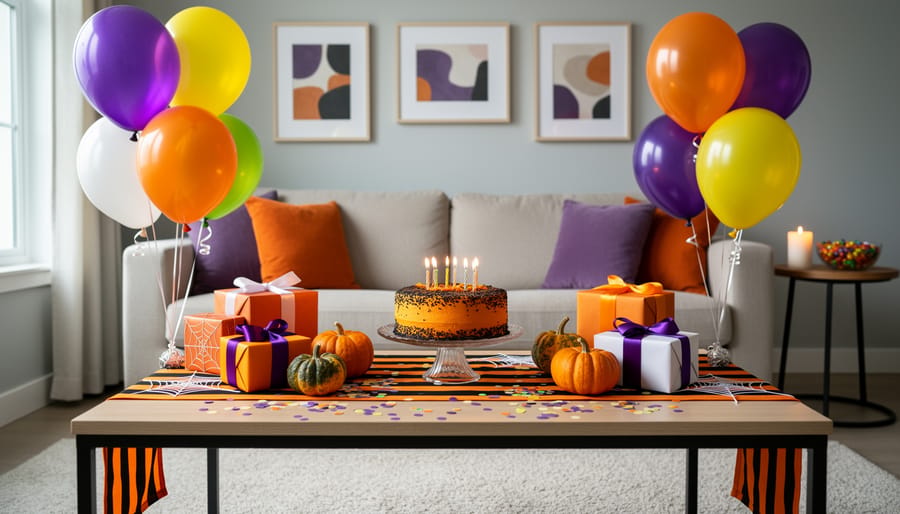 Family party setup with Halloween-themed balloons, banners, and a birthday table with orange and black decorations.