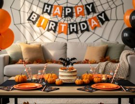 Living-room party setup with black-and-orange Halloween balloons, spiderweb decorations, mini pumpkins, and a birthday-themed cake topper on a decorated table.