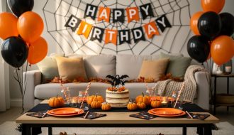 Living-room party setup with black-and-orange Halloween balloons, spiderweb decorations, mini pumpkins, and a birthday-themed cake topper on a decorated table.