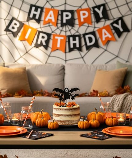 Living-room party setup with black-and-orange Halloween balloons, spiderweb decorations, mini pumpkins, and a birthday-themed cake topper on a decorated table.
