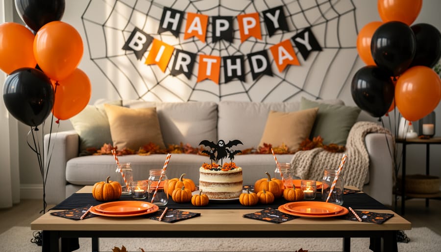 Living-room party setup with black-and-orange Halloween balloons, spiderweb decorations, mini pumpkins, and a birthday-themed cake topper on a decorated table.