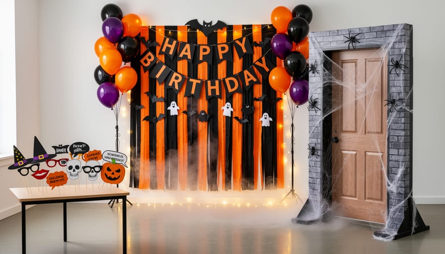 Halloween birthday photo-booth corner with themed balloon backdrop and fun cutout props near a ring light.