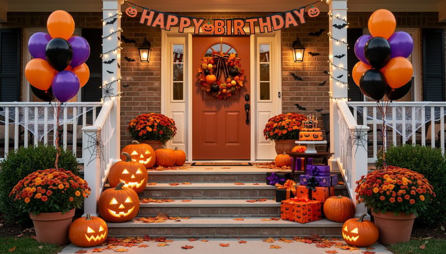 Outdoor porch entrance decorated for a Halloween birthday with pumpkin lanterns, an inflatable ghost, and black-and-orange garlands.