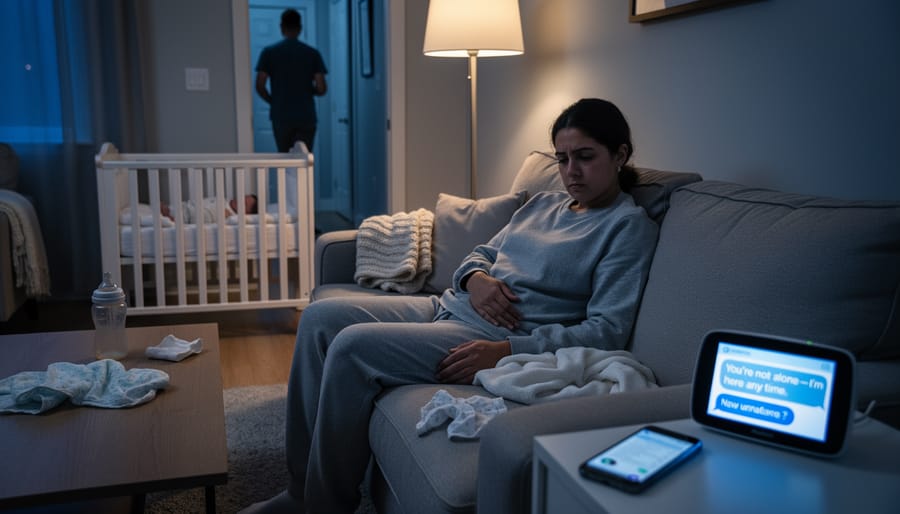A new parent looks exhausted while holding their baby at night in a nursing chair, with soft warm lighting and a partner nearby.