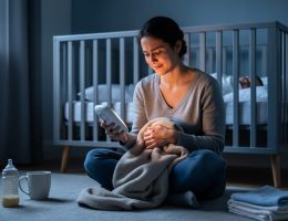 New parent sitting near a crib in a softly lit living room, holding a baby monitor and blanket while looking exhausted but comforted