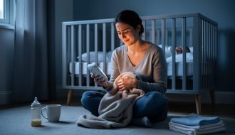 New parent sitting near a crib in a softly lit living room, holding a baby monitor and blanket while looking exhausted but comforted