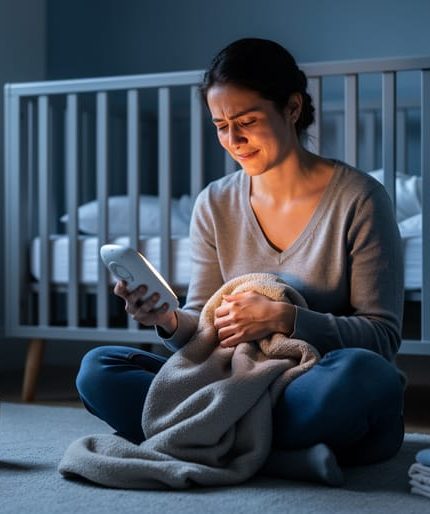 New parent sitting near a crib in a softly lit living room, holding a baby monitor and blanket while looking exhausted but comforted