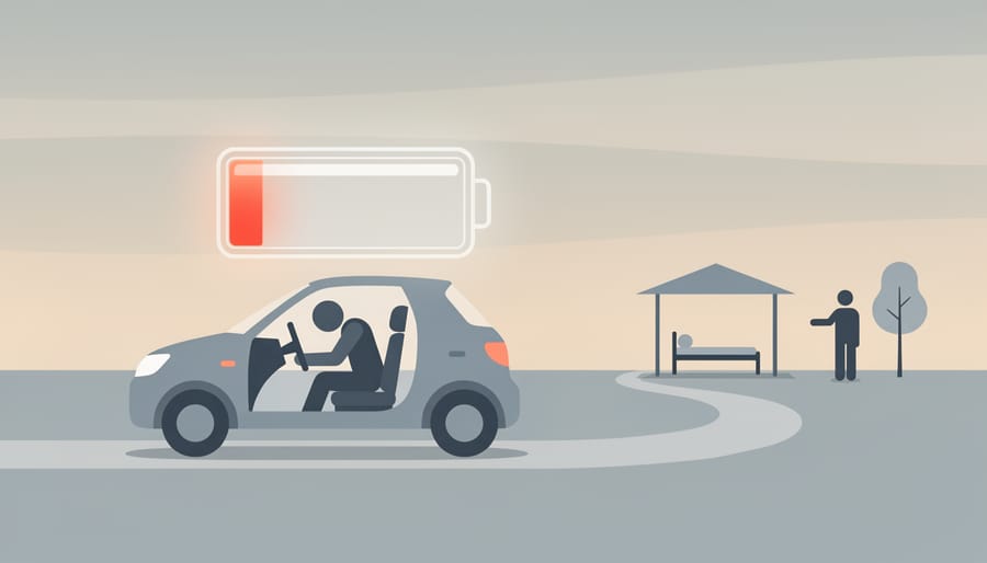 Exhausted driver sitting in a parked car at night with eyes closed, emphasizing safety when sleep-deprived.