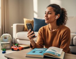 Parent listening to an audiobook with earbuds while holding a smartphone at home, with family items softly blurred in the background.