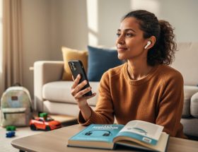 Parent listening to an audiobook with earbuds while holding a smartphone at home, with family items softly blurred in the background.