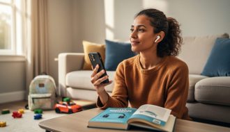 Parent listening to an audiobook with earbuds while holding a smartphone at home, with family items softly blurred in the background.