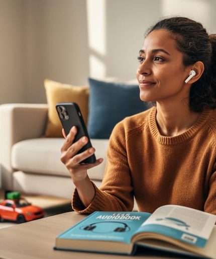 Parent listening to an audiobook with earbuds while holding a smartphone at home, with family items softly blurred in the background.