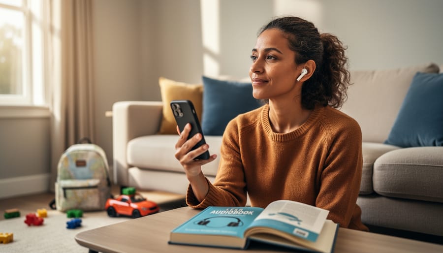 Parent listening to an audiobook with earbuds while holding a smartphone at home, with family items softly blurred in the background.