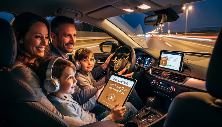 Child and parent wearing headphones in a car during dusk, listening to an audiobook together.