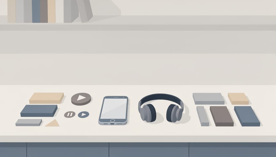 Close-up of earbuds, a tablet, and a notebook on a kitchen countertop symbolizing audiobook deal planning.
