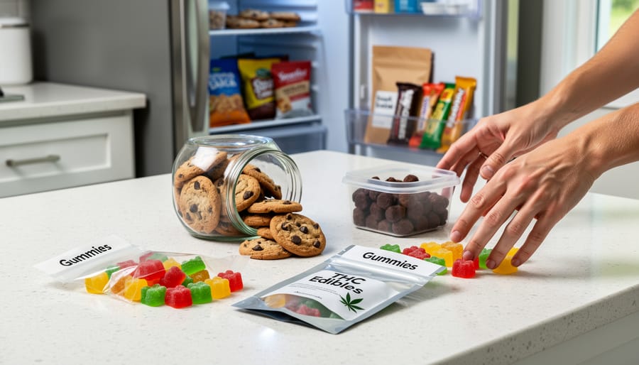Colorful gummies and adult capsules on a kitchen surface with adult products stored out of children’s reach.