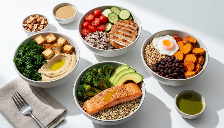 Colorful healthy power bowls with grains, protein, vegetables, and avocado in ceramic bowls