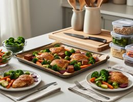 Organized kitchen scene with a sheet pan of roasted vegetables and protein, two plated servings for two, and batch-prepped ingredients in containers on a table.