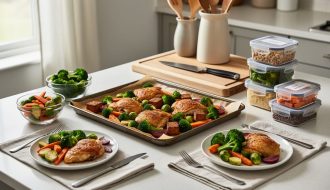 Organized kitchen scene with a sheet pan of roasted vegetables and protein, two plated servings for two, and batch-prepped ingredients in containers on a table.
