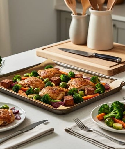 Organized kitchen scene with a sheet pan of roasted vegetables and protein, two plated servings for two, and batch-prepped ingredients in containers on a table.