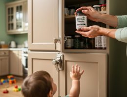 Parent locking hemp-derived cannabis gummies in a childproof container inside a high cabinet while a child reaches toward them in a home kitchen.