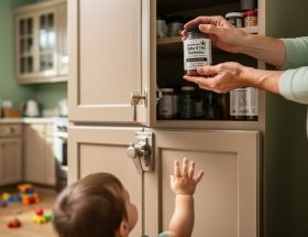 Parent locking hemp-derived cannabis gummies in a childproof container inside a high cabinet while a child reaches toward them in a home kitchen.