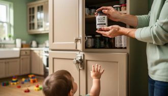 Parent locking hemp-derived cannabis gummies in a childproof container inside a high cabinet while a child reaches toward them in a home kitchen.