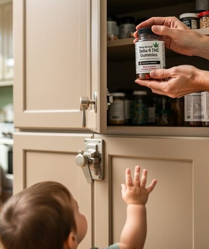 Parent locking hemp-derived cannabis gummies in a childproof container inside a high cabinet while a child reaches toward them in a home kitchen.