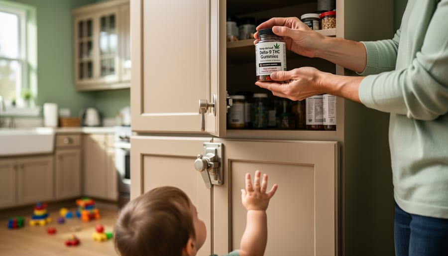 Parent locking hemp-derived cannabis gummies in a childproof container inside a high cabinet while a child reaches toward them in a home kitchen.