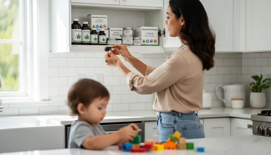 Parent locking hemp-derived product containers in a child-safe cabinet in a home pantry.