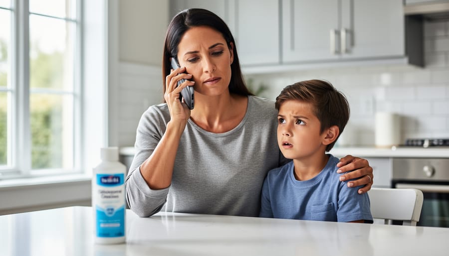 Parent speaking on the phone in a living room while a child stands safely nearby.
