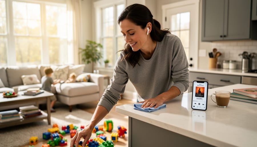 Parent wearing wireless earbuds and looking at a smartphone in a cozy living room.