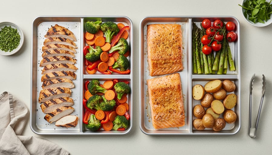 Sheet pan split dinner with two different roasted protein and vegetable sections on foil-lined trays