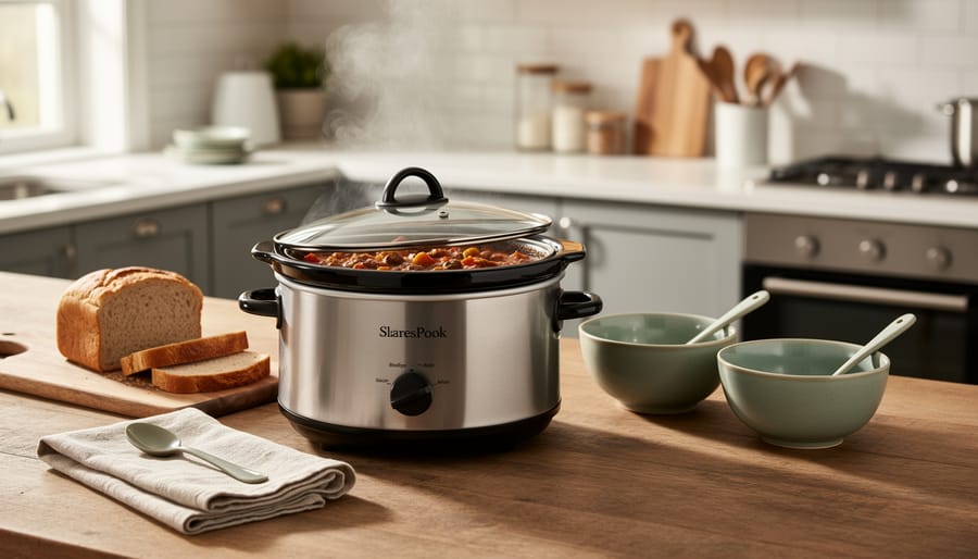 Small slow cooker on a kitchen counter with prep ingredients nearby and steam rising