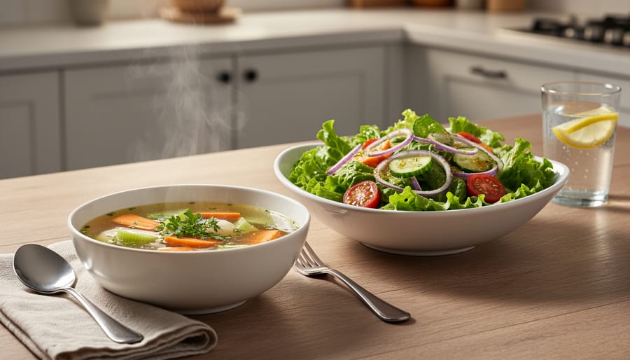 Two bowls of soup next to a fresh salad on a dining table