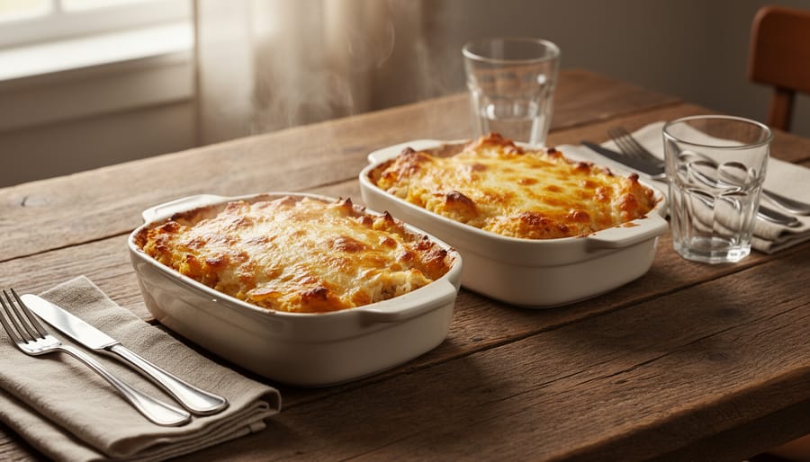 Two individual baking dishes with bubbling healthy baked pasta or vegetable gratin