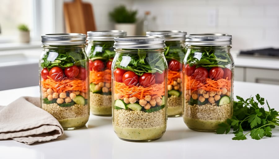 Two mason jars of layered salad ingredients with dressing on a wooden table