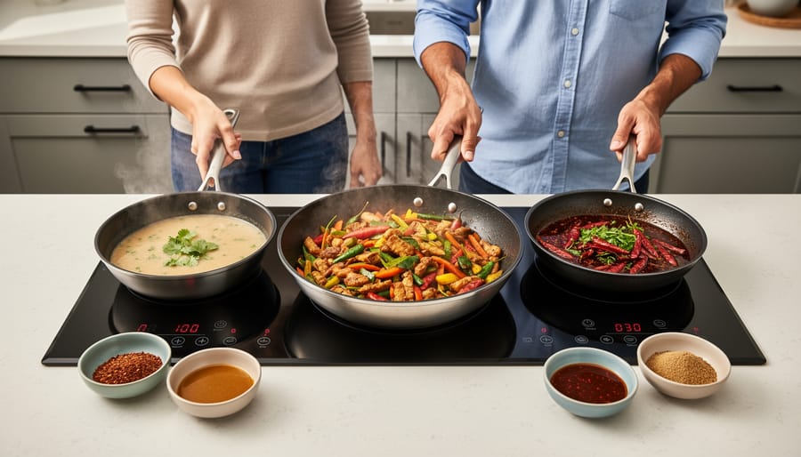 Wok stir-fry vegetables with two small sauce bowls on the kitchen counter