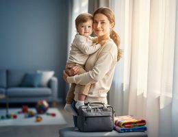 A parent holding a toddler near a bright window at home, with child care items such as a small bag and blanket in the nearby area.